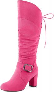 Женские сандалии Zamikoo, свободные ботильоны до колена с круглым носком, массивным каблуком, боковой молнией и металлической пряжкой, высокие повседневные сапоги на каблуке 3,5 дюйма, Suede Hot Pink