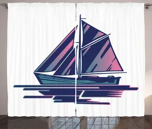 Штора ABAKUHAUS "Парусник в деревенском стиле", вид на море с морской звездой, присборенная штора из тесьмы для спальни с петлями и крючками, 280 x 225 см, небесно-голубой, белый и лиловый Abakuhaus