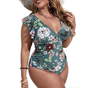 Женский купальник бикини с принтом и рюшами на рукавах, plus size, slim fit Clearflower, Green