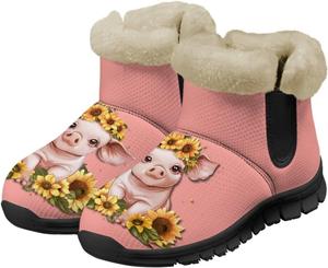 Женские зимние ботинки UNICEU с утеплителем из искусственного меха, снегоступы для ходьбы, повседневные туфли на плоской подошве, ботинки без шнурков для улицы, Sunflower Pink Pig