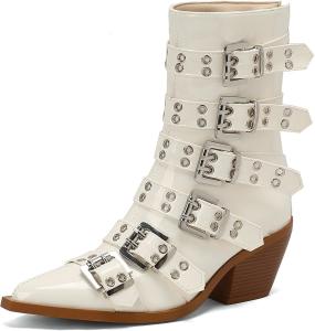 Женские готические ботинки KysBloes с заостренным носком, массивным каблуком, ботильоны из лаковой кожи с ремешками, панк-обувь, White