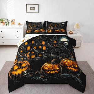 Erosebridal Готический комплект постельного белья с тыквенными фонарями и замковыми тенями, оранжевый хэллоуинский декор со скелетами, Black