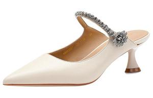 Женские тапочки с обёрнутым носком из овчины HARSON, бежевые, высота каблука 6,5 см