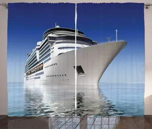 Штора ABAKUHAUS "Круизный корабль в деревенском стиле", "Белый корабль на воде", присборенная штора из тесьмы для спальни с петлями и крючками, 280 x 225 см, цвет синий с белым Abakuhaus