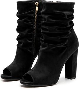 Женские ботильоны YDN с открытым носком, сборкой, молнией сбоку, высокие каблуки-блоки, зимне-осенние, модные, повседневные, размеры 4-16 US, Black