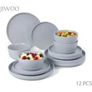 Набор столовых приборов на 4 персоны, 12 предметов, керамический обеденный сервиз, включающий тарелки, салатники, миски для хлопьев, матовая глазурь, можно использовать в микроволновой печи и посудомоечной машине. Jiangxi Jarwah Industrial CO., Ltd