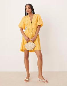Мини-платье Nobody's Child Starlight с рукавами-фонариками в желтую клетку
