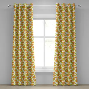 Оранжевая штора на люверсах ABAKUHAUS с милым детским рисунком, цветами и зелеными листьями, декоративная двухпанельная штора, 280 см x 225 см, цвет: яблочно-зеленый, оранжевый Abakuhaus