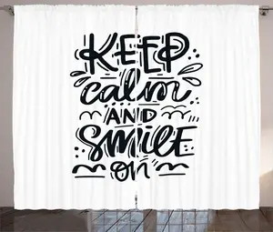 ABAKUHAUS Сохраняйте спокойствие, сохраняйте спокойствие. Штора в деревенском стиле, Милые улыбки на шрифте, штора для спальни со сборками, петлями и крючками, 280 x 225 см, цвет угольно-серый и белый. Abakuhaus