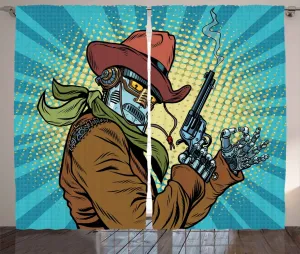 Штора ABAKUHAUS Blue Rustic в стиле вестерн с изображением робота-ковбоя, присборенная тесьма для спальни с петлями и крючками, 280 x 225 см, цвет: сине-зеленый и коричневый Abakuhaus