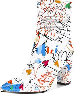 Женские свободные ботильоны Mettesally с высокими массивными каблуками, заостренным носком, боковой молнией, каблук 3,5 дюйма, полусапожки для платья, Patent Graffiti White