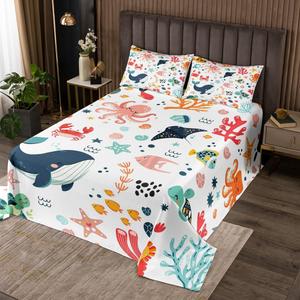 Erosebridal Детский комплект постельного белья Fish King с морскими животными, крабом, морским коньком и черепахой из микрофибры, Pink White