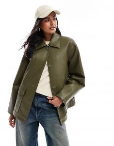 Куртка Харрингтон ASOS DESIGN из искусственной кожи цвета хаки