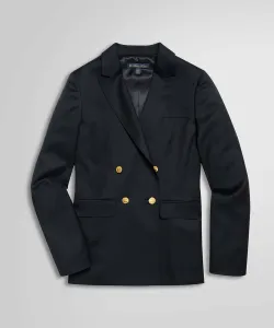 Двубортный пиджак из шерстяной саржи с четырьмя пуговицами.