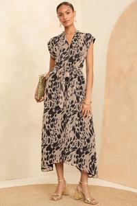 Платье миди с принтом, рукавами подворотами, молнией спереди Love & Roses, бежевый