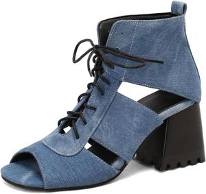 Женские сандалии с открытым носком на массивном высоком каблуке, с кружевной застежкой и вырезами, праздничные ботильоны JOEUSTY, Blue-Denim