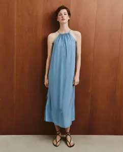 Длинное платье-халтер без принта Southern Cotton, синий