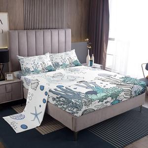 Erosebridal Детский комплект постельного белья Girly Mermaid с морской тематикой и ручной росписью, морские ракушки и кораллы, глубокий карман, Grey Blue