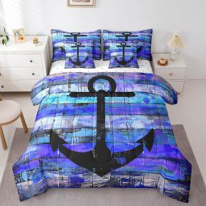 Erosebridal Комплект постельного белья Boat Anchor King в морском стиле с тематическим принтом из сине-зеленой палитры, Black Teal Blue Purple