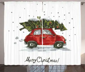 Рождественская штора в деревенском стиле ABAKUHAUS, ретро-машина с елкой, присборенная штора для спальни с петлями и крючками, 280 x 245 см, зелено-красная Abakuhaus