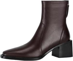 Женские ботинки из натуральной коровьей кожи с квадратным носком, высоким каблуком и молнией, зимние ботильоны Generic, Brown