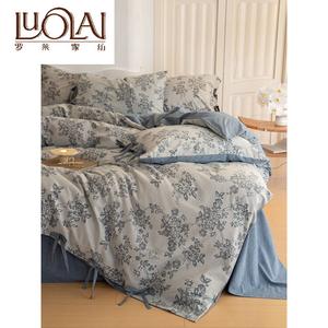 LUOLAI HOME Комплект постельного белья 4 предмета, размер 200 см, простыня, пододеяльник 220x240 см, наволочки 48x74 см, цвет Monet Garden - Denim Blue