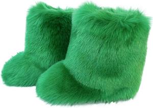 Женские элегантные ботинки: теплые зимние с мехом, низкий каблук, пушистые ботильоны с искусственным мехом, средней высоты, на плоской подошве, обувь для вечеринок и свадеб Generic, Green