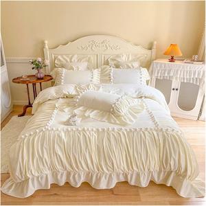 KYTGFH Комплект постельного белья Bianco из супермягкой стираной хлопковой ткани розового цвета с плиссированной отделкой и декоративными помпонами Bianco
