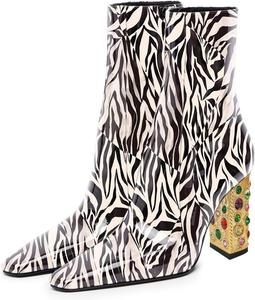 Женские ботильоны Zszszsu с квадратным носком, боковой молнией, многоцветными украшениями из камней, на высоком каблуке, элегантные туфли для вечеринок и выпускных, размер 4-16 US, Black And White Stripes Print