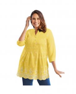 Женская туника больших размеров с вышивкой и складками Woman Within, Primrose yellow eyelet embroidery