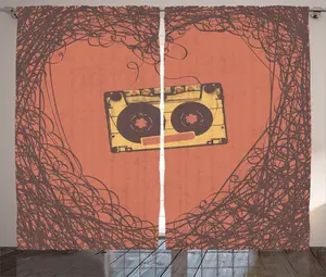 Винтажная деревенская штора ABAKUHAUS, кассетная музыка в стиле ретро, присборенная штора из тесьмы для спальни с петлями и крючками, 280 x 225 см, цвет: оранжево-коричневый Abakuhaus