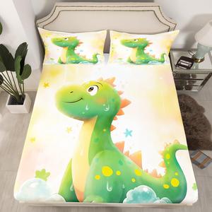 Erosebridal Фиттед простыня с мультяшными динозаврами в кавай стиле, комплект постельного белья с джунгли животными и палеонтологическим принтом, Green White