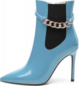 Женские ботильоны, короткие ботинки с высоким каблуком и заостренным носком, боковая молния, модный ремешок с цепочкой RLYGHWAO, Light Blue Patent