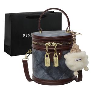 PINK·LAND Женская сумка через плечо с одним ремнем, Brown & Blue & White Plush Ball Charm