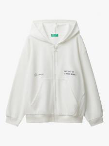 Детская толстовка с капюшоном на молнии из хлопковой смеси с принтом-слоганом Benetton, White