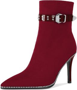 Younton Женские ботильоны на высоком каблуке-стилет с бусинами, заостренным носком, боковой молнией и пряжкой, из матовой кожи, 3,5 дюйма
