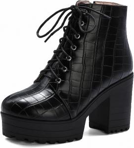 Женские массивные ботильоны на платформе с высоким каблуком, шнуровкой и молнией, с круглым носком, вестерн-стиль, праздничные короткие ботинки JOEUSTY, Black