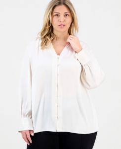 Блузка большого размера из матового атласа с V-образным вырезом и плиссированными манжетами Anne Klein, White Dove