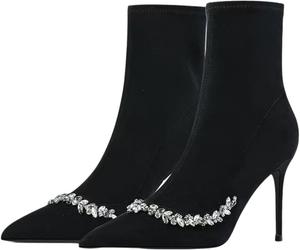 Generic Женские туфли на шпильке с кристаллами, коричневый замш, заостренный носок