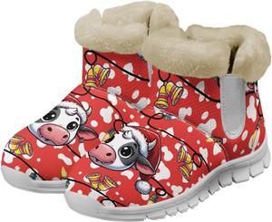 Женские зимние слипоны для Рождества с пушистой подкладкой, утепленные ботильоны для ходьбы, противоскользящие, легкие, беговые, размер США 6-12 Fuxowvby, Christmas Cow