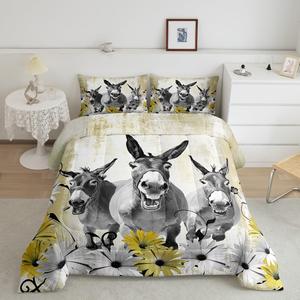 Erosebridal Комплект постельного белья Donkey в стиле фермерского дома с принтом животных и цветочным орнаментом, Yellow