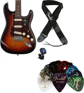 Fender American Professional II Stratocaster - 3-цветный Sunburst с грифом из розового дерева. Комплект с ремнем Fender 2" Polyester Logo - черный с белым логотипом... (4 предмета)