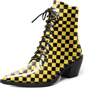 Женские ботильоны Joseywade с низким голенищем, заостренным носком, каблуком средней высоты, на шнуровке и с молнией, каблук 2,5 дюйма, прогулочные и нарядные туфли, Patent Checkered Yellow