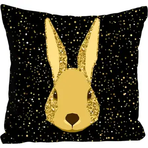 Декоративная подушка queence Ares с кроликом в космосе Queence, Goldstaub/schwarz + bedruckt