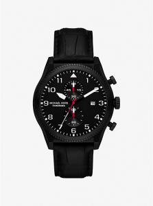 Большие панорамные часы из черной кожи с тиснением под крокодила Michael Kors, черный