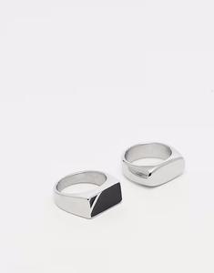 Набор из 2 водонепроницаемых колец-печаток из нержавеющей стали с черным камнем серебристоготенка Asos Design
