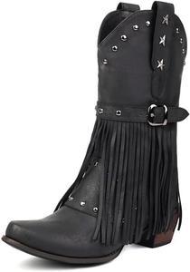 Женские ковбойские сапоги в западном стиле, средняя голень, массивный каблук, без застежки с бахромой, ремешок с пряжкой, металлические заклепки в виде звезды, ретро вышивка LokoLucx, Black
