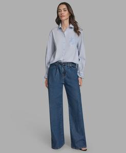 Женская блузка с длинными рукавами, на пуговицах, с вышивкой BCBG, Light Blue