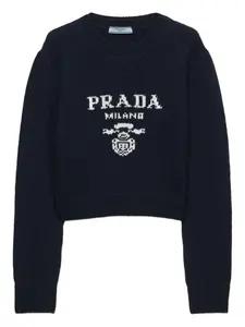 Свитер в рубчик с логотипом Prada, синий