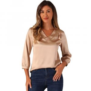 Женские повседневные атласные блузки для офисной работы с V-образным вырезом и рукавами 3/4 ALLEGRA K, цвет Champagne